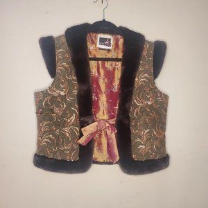 Buffalo David Bitton - Floral Brocade Faux Fur Collar & Hem Tie Fron Vest - Sz L